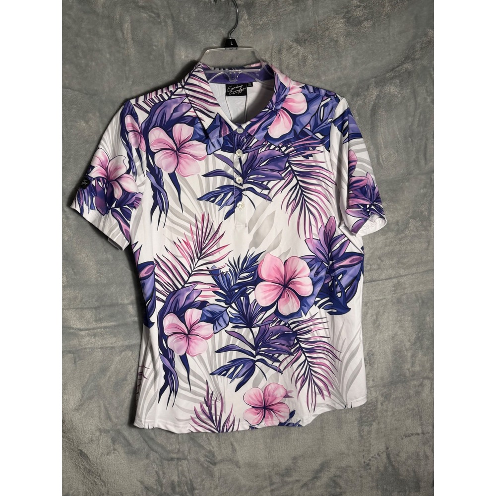 Sunday Swagger Womens XL Golf Polo Shirt Tropical Floral Purple Pink White NWT
